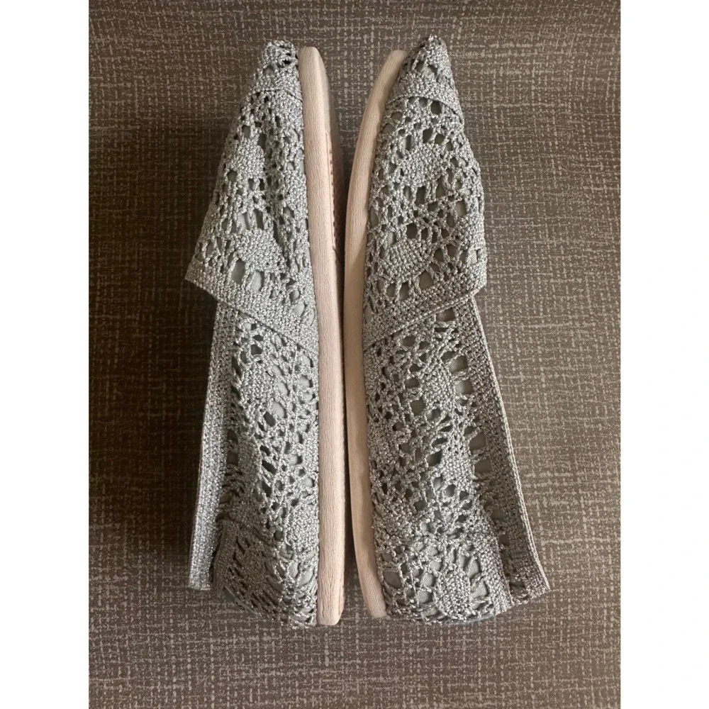 TOMS Silver Metallic Crochet Lace Alpargata Slip On Flats Shoes Womens 10